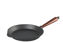 Flache Gusseisen Pfannen mit Holzgriff