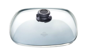 Viereckiger Glasdeckel für Pfannen von Gastrolux zum vitaminschonenden Braten und Kochen Viereckiger Glasdeckel fuer Pfannen von Gastrolux fuer vitaminschonendes und energiesparendes Braten und Kochen