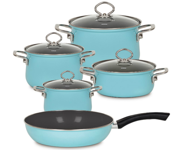 Toepfe fuer Induktion von Riess Emaille Topfset mit Pfanne hellblau